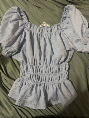 Light Blue Puff-Sleeve Smocked Waist Women’s Top